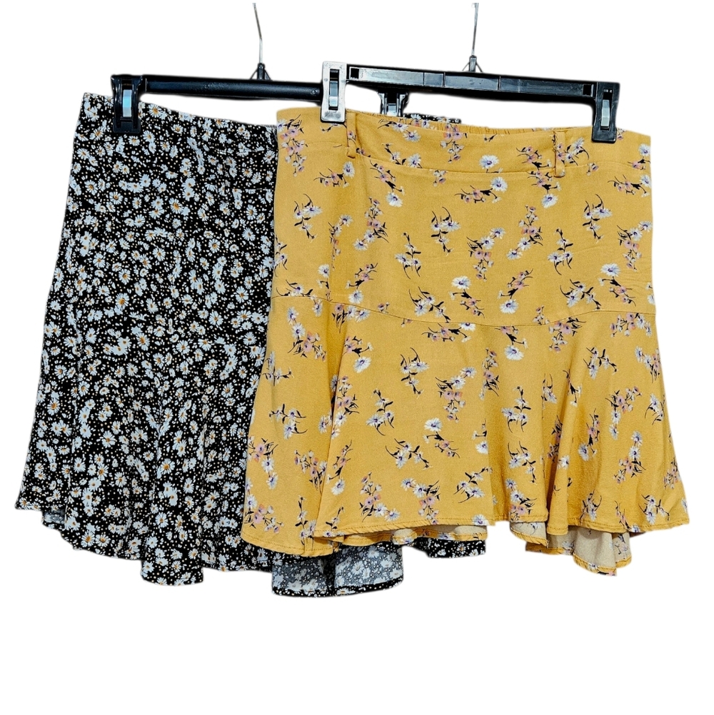 2 mini skirts L Yellow Black print EUC floral Milly Tiered Flounce SELF E Spring